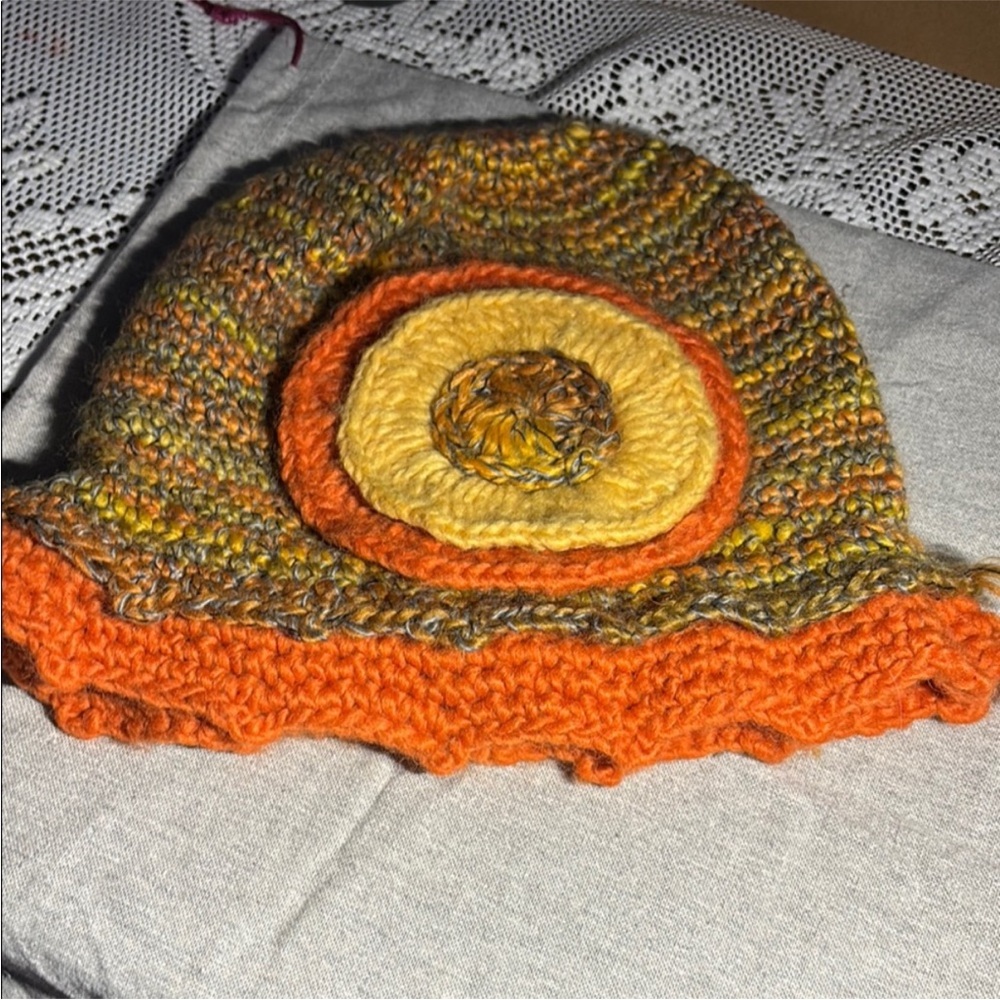 Handmade Multicolor Knit Hat with Orange and Yellow Accents - Picture 5 of 5